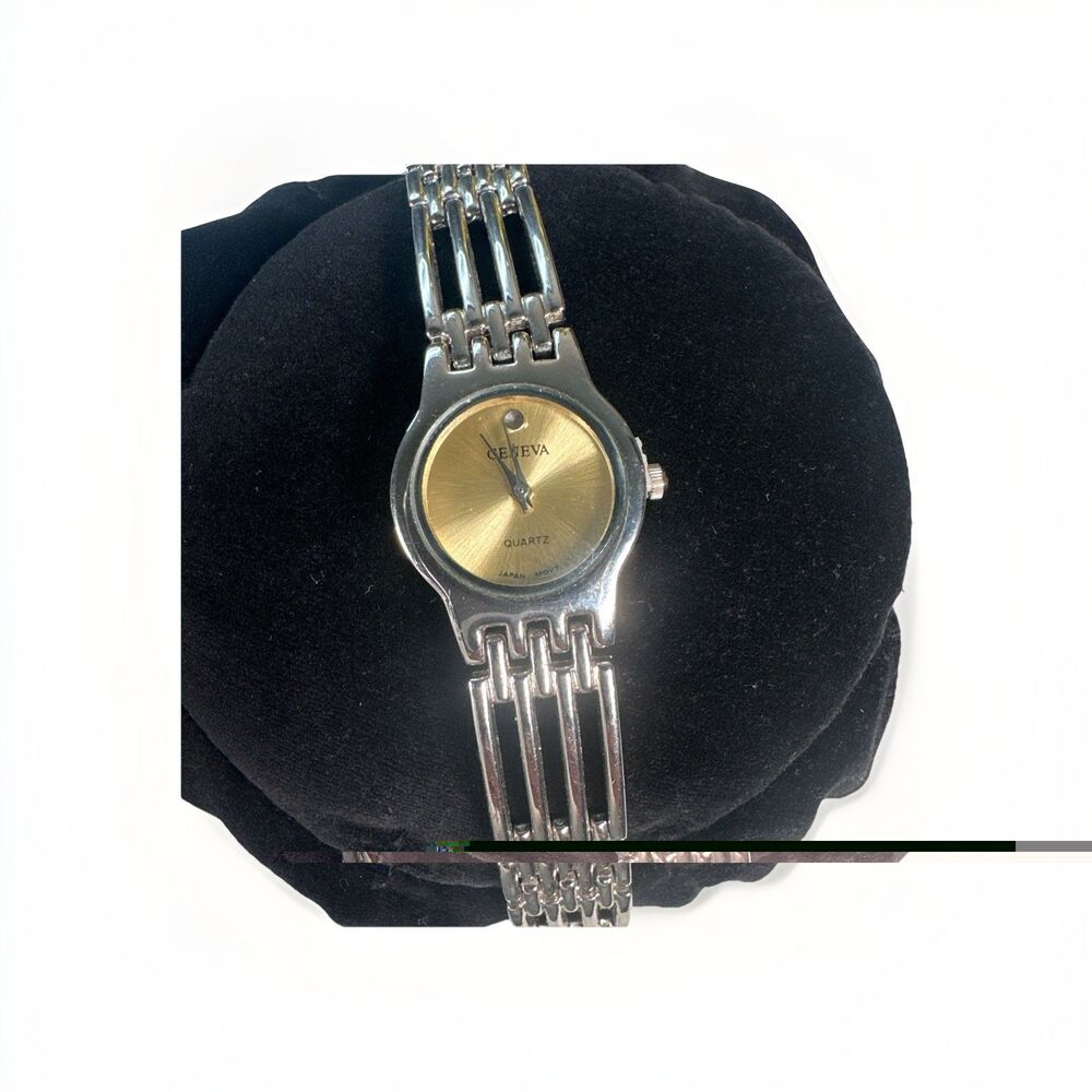 GENEVA Watch Womens SIlver Tone Stainless Steel Classic Gold Dial New Battery